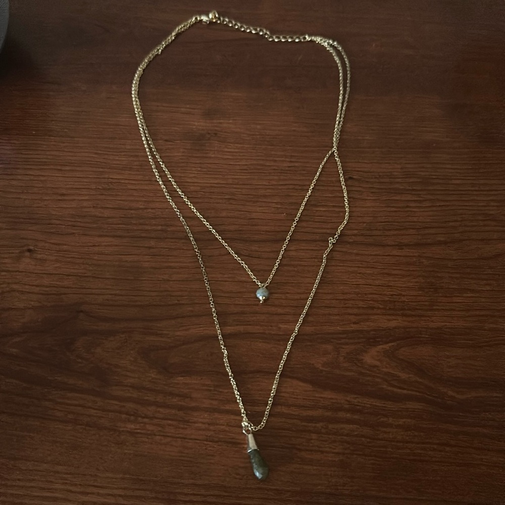 Double gold chain necklace with green accents